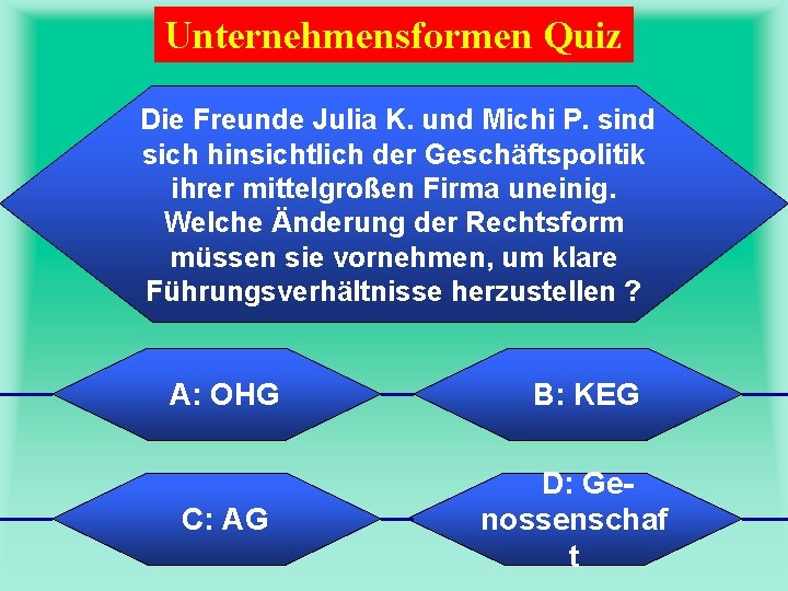 Unternehmensformen Quiz Die Freunde Julia K. und Michi P. sind sich hinsichtlich der Geschäftspolitik