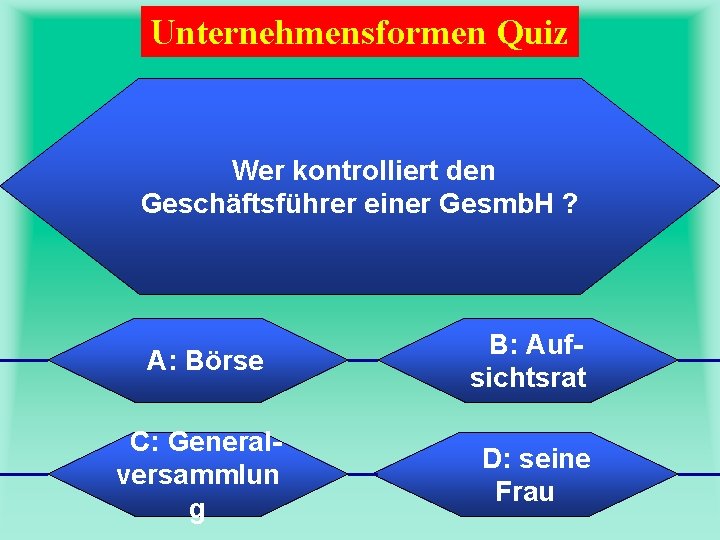 Unternehmensformen Quiz Wer kontrolliert den Geschäftsführer einer Gesmb. H ? A: Börse C: Generalversammlun