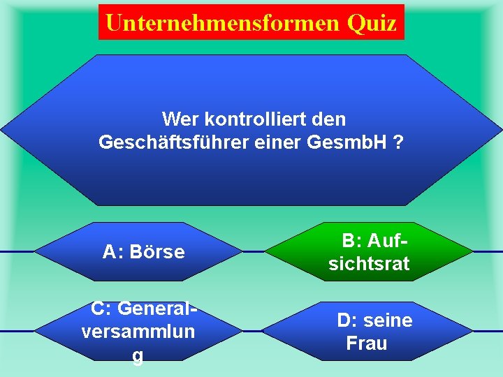 Unternehmensformen Quiz Wer kontrolliert den Geschäftsführer einer Gesmb. H ? A: Börse C: Generalversammlun