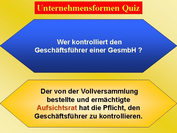 Unternehmensformen Quiz Wer kontrolliert den Geschäftsführer einer Gesmb. H ? Der von der Vollversammlung