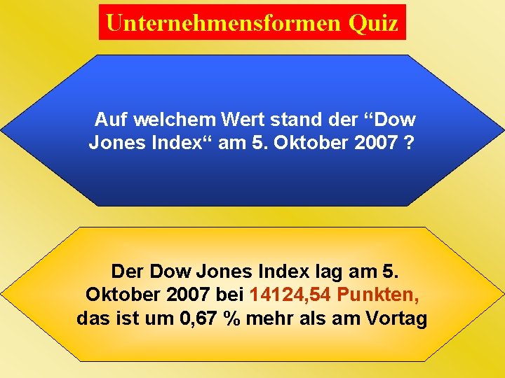 Unternehmensformen Quiz Auf welchem Wert stand der “Dow Jones Index“ am 5. Oktober 2007