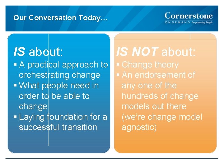 Our Conversation Today… IS about: IS NOT about: § A practical approach to §