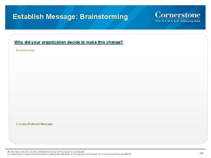 Establish Message: Brainstorming Why did your organization decide to make this change? Brainstorming: Concise
