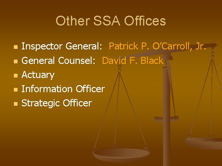 Other SSA Offices n n n Inspector General: Patrick P. O’Carroll, Jr. General Counsel: