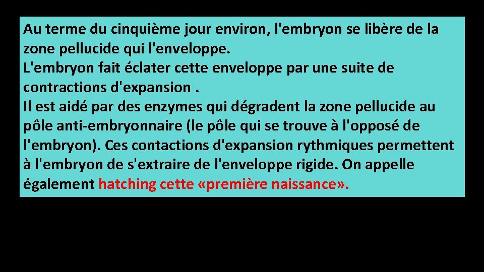 Au terme du cinquième jour environ, l'embryon se libère de la zone pellucide qui