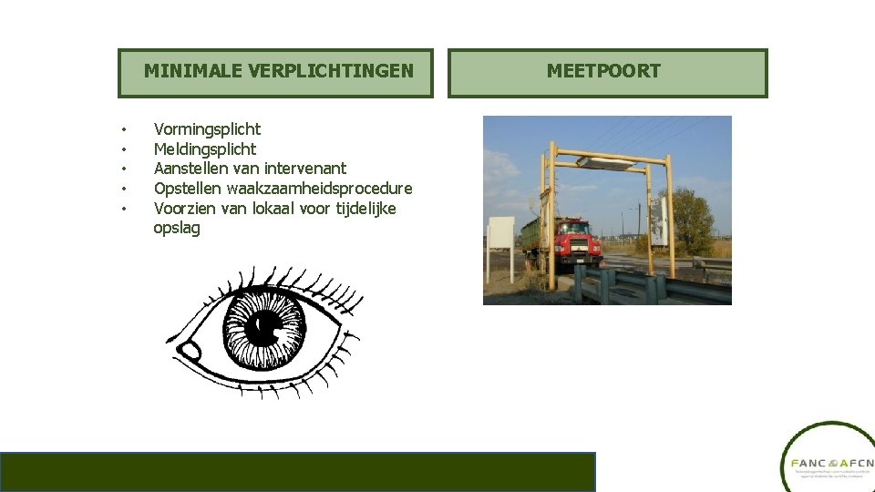 MINIMALE VERPLICHTINGEN • • • Vormingsplicht Meldingsplicht Aanstellen van intervenant Opstellen waakzaamheidsprocedure Voorzien van