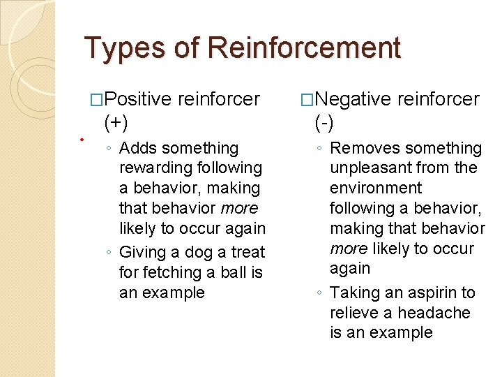 Types of Reinforcement �Positive reinforcer �Negative reinforcer (+) (-) ◦ Adds something rewarding following