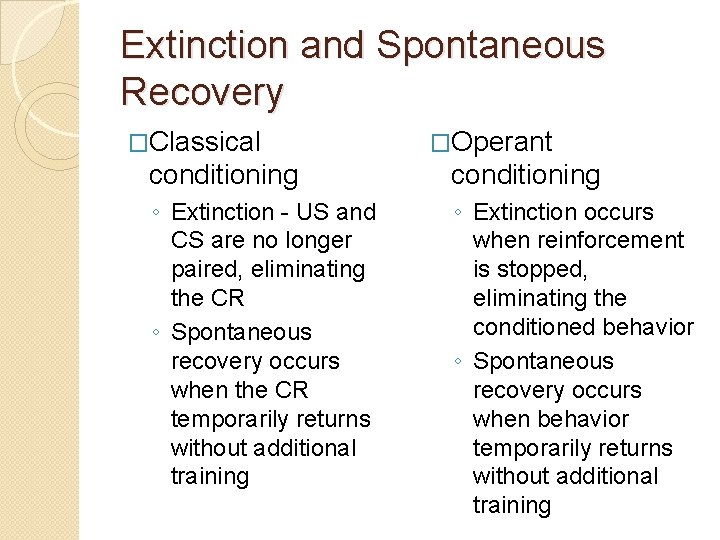 Extinction and Spontaneous Recovery �Classical �Operant conditioning ◦ Extinction - US and CS are