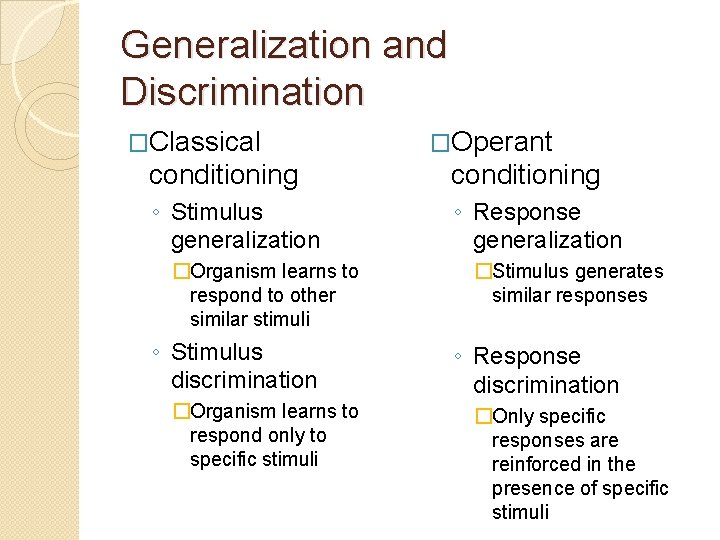 Generalization and Discrimination �Classical �Operant conditioning ◦ Stimulus generalization ◦ Response generalization �Organism learns
