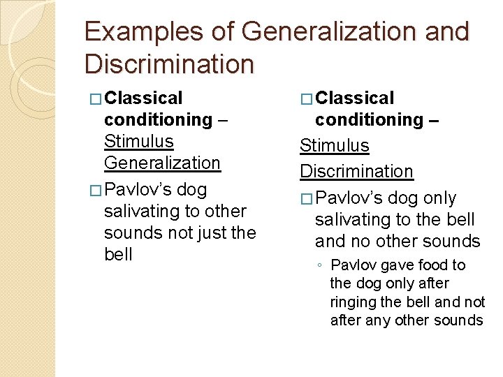 Examples of Generalization and Discrimination � Classical conditioning – Stimulus Generalization � Pavlov’s dog