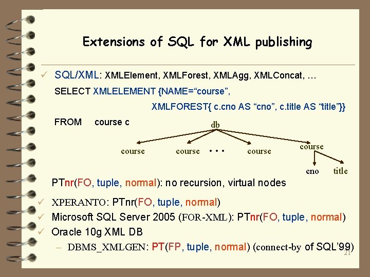 Extensions of SQL for XML publishing ü SQL/XML: XMLElement, XMLForest, XMLAgg, XMLConcat, … SELECT