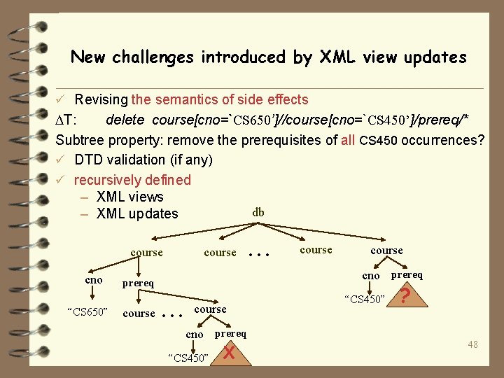 New challenges introduced by XML view updates ü Revising the semantics of side effects