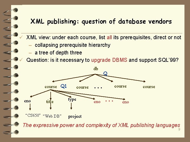 XML publishing: question of database vendors ü XML view: under each course, list all