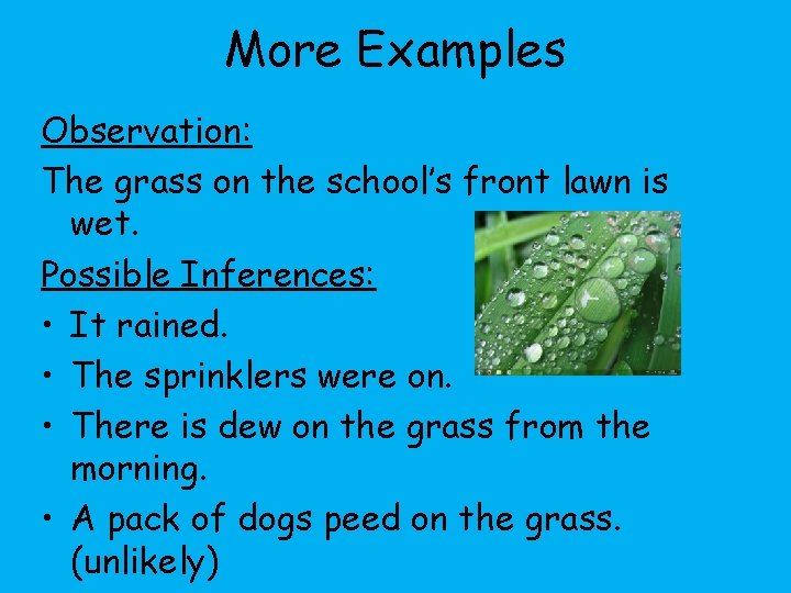 More Examples Observation: The grass on the school’s front lawn is wet. Possible Inferences: