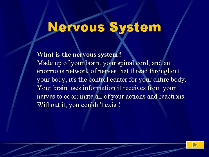 Nervous System What is the nervous system? Made up of your brain, your spinal
