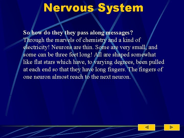 Nervous System So how do they pass along messages? Through the marvels of chemistry