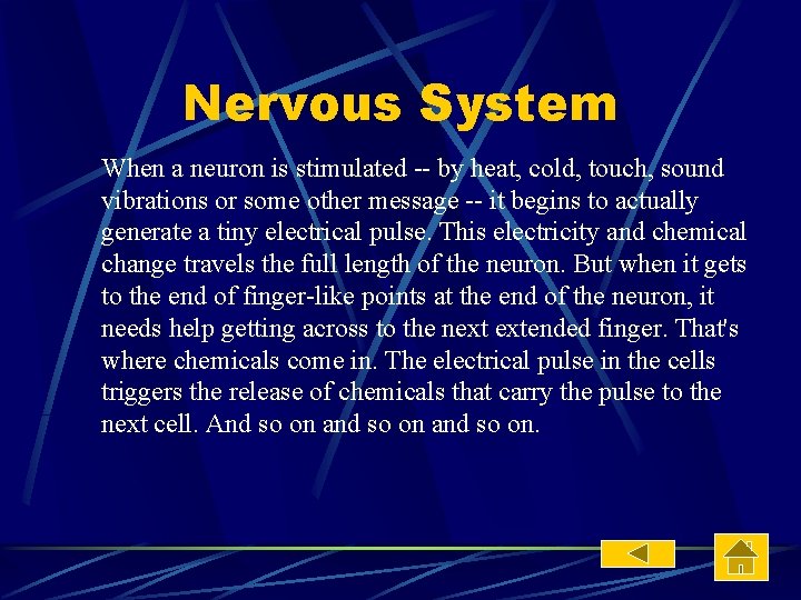 Nervous System When a neuron is stimulated -- by heat, cold, touch, sound vibrations