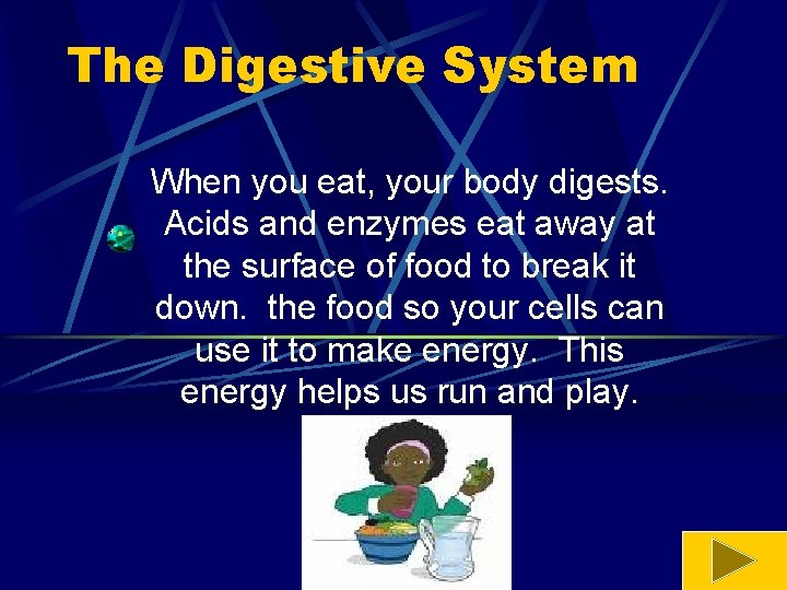 The Digestive System When you eat, your body digests. Acids and enzymes eat away