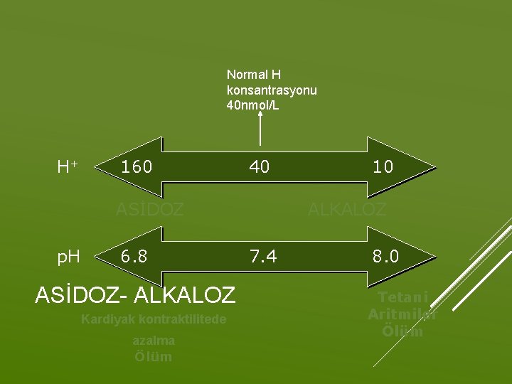 Normal H konsantrasyonu 40 nmol/L H+ 160 40 ASİDOZ p. H 6. 8 ASİDOZ-