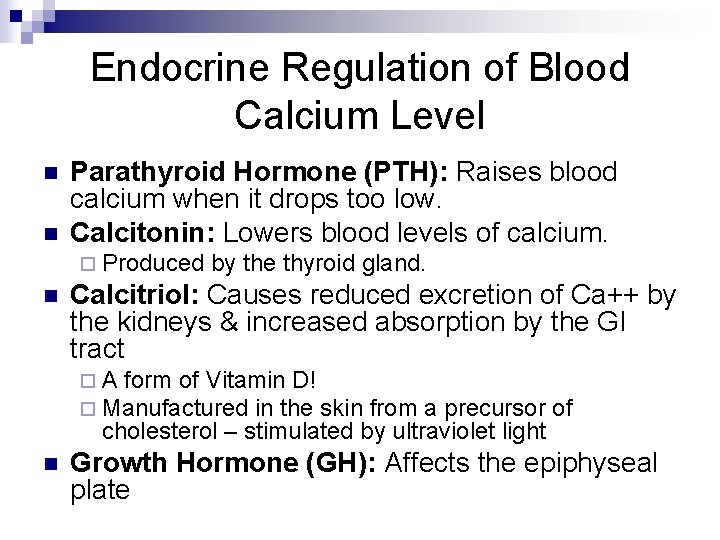 Endocrine Regulation of Blood Calcium Level n n Parathyroid Hormone (PTH): Raises blood calcium