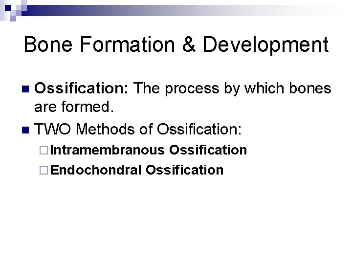 Bone Formation & Development Ossification: The process by which bones are formed. n TWO