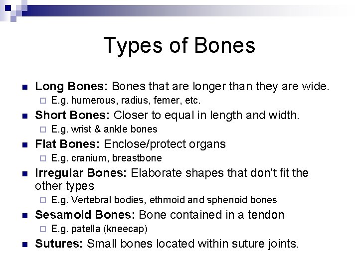 Types of Bones n Long Bones: Bones that are longer than they are wide.