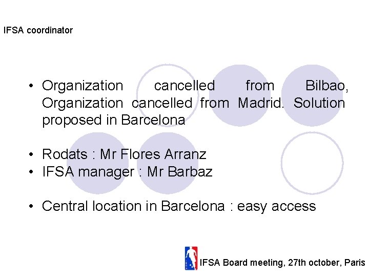 IFSA coordinator • Organization cancelled from Bilbao, Organization cancelled from Madrid. Solution proposed in