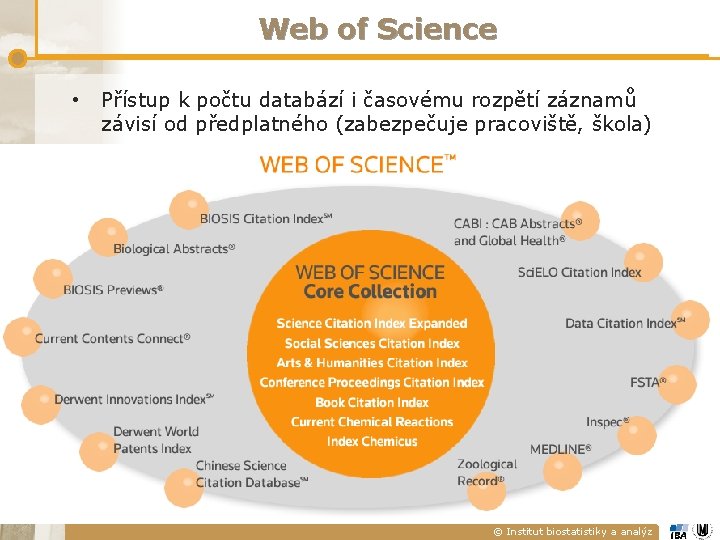 Web of Science • Přístup k počtu databází i časovému rozpětí záznamů závisí od Web of Science • Přístup k počtu databází i časovému rozpětí záznamů závisí od