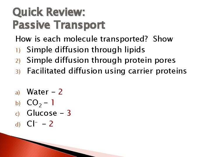 Quick Review: Passive Transport How is each molecule transported? Show 1) Simple diffusion through