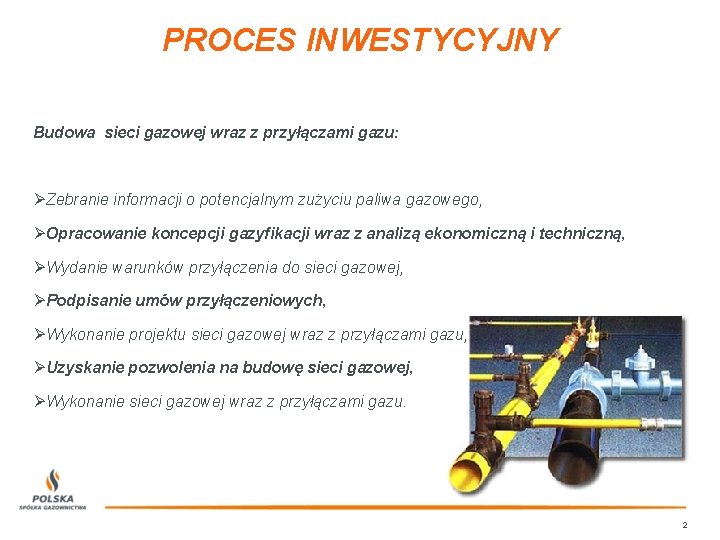 PROCES INWESTYCYJNY Budowa sieci gazowej wraz z przyłączami gazu: ØZebranie informacji o potencjalnym zużyciu