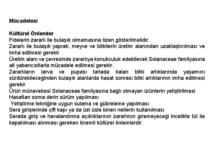 Mücadelesi Kültürel Önlemler Fidelerin zararlı ile bulaşık olmamasına özen gösterilmelidir. Zararlı ile bulaşık yaprak,