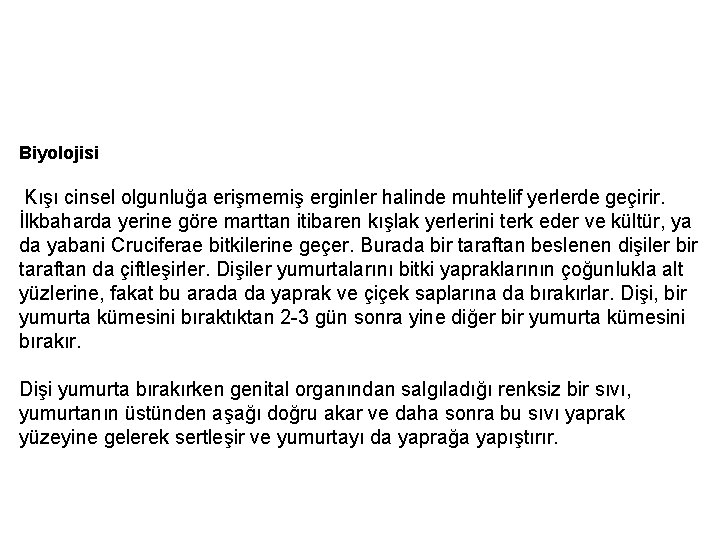 Biyolojisi Kışı cinsel olgunluğa erişmemiş erginler halinde muhtelif yerlerde geçirir. İlkbaharda yerine göre marttan