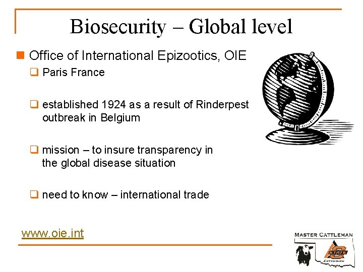 Biosecurity – Global level n Office of International Epizootics, OIE q Paris France q