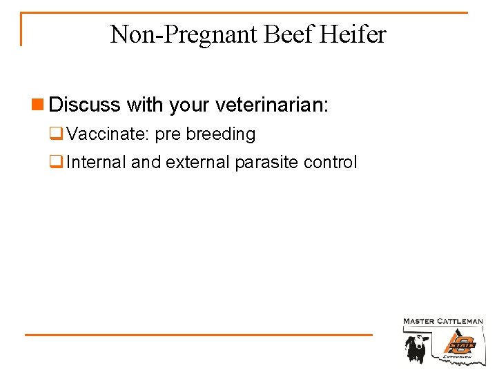 Non-Pregnant Beef Heifer n Discuss with your veterinarian: q Vaccinate: pre breeding q Internal