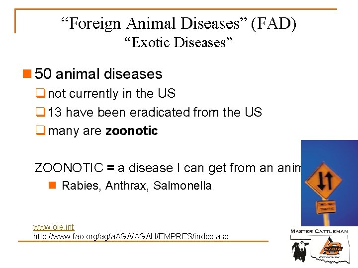 “Foreign Animal Diseases” (FAD) “Exotic Diseases” n 50 animal diseases q not currently in