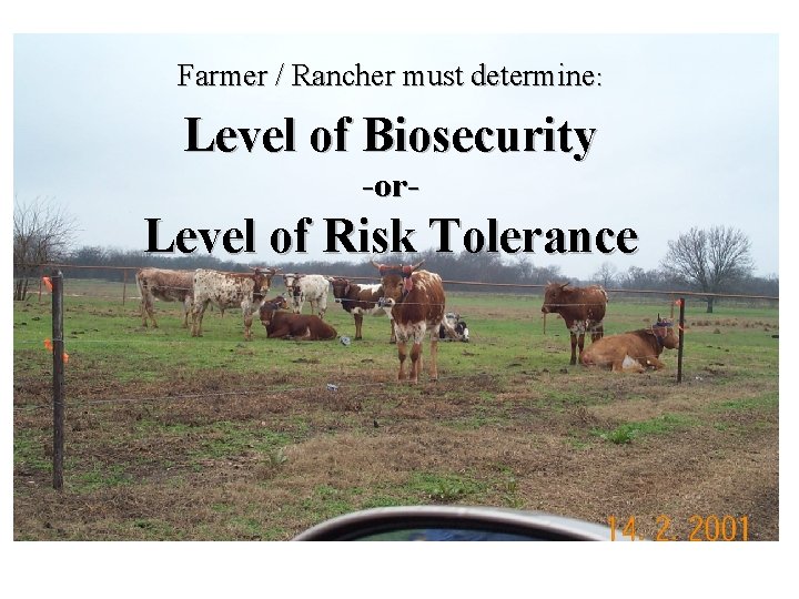 Farmer / Rancher must determine: Level of Biosecurity -or- Level of Risk Tolerance 