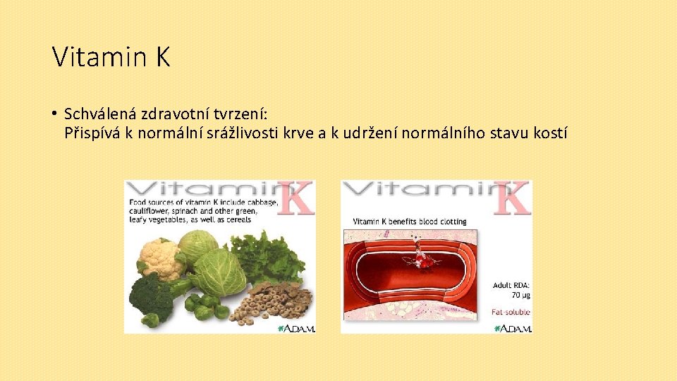 Vitamin K • Schválená zdravotní tvrzení: Přispívá k normální srážlivosti krve a k udržení