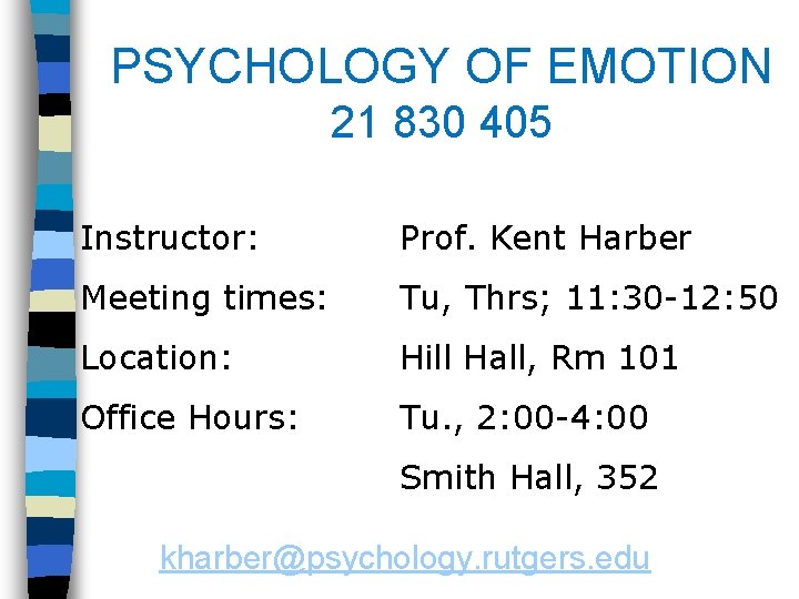 PSYCHOLOGY OF EMOTION 21 830 405 Instructor: Prof. Kent Harber Meeting times: Tu, Thrs;