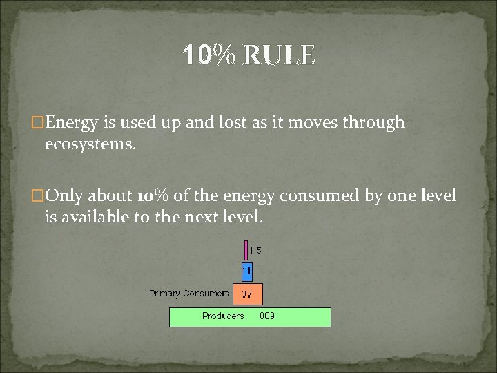 10% RULE �Energy is used up and lost as it moves through ecosystems. �Only