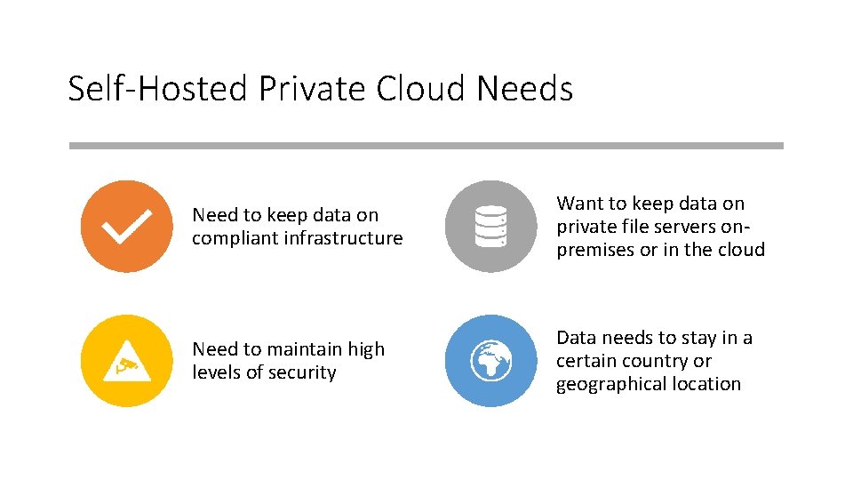 Self-Hosted Private Cloud Needs Need to keep data on compliant infrastructure Want to keep