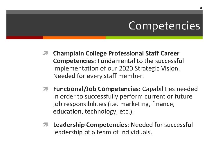 4 Competencies Champlain College Professional Staff Career Competencies: Fundamental to the successful implementation of