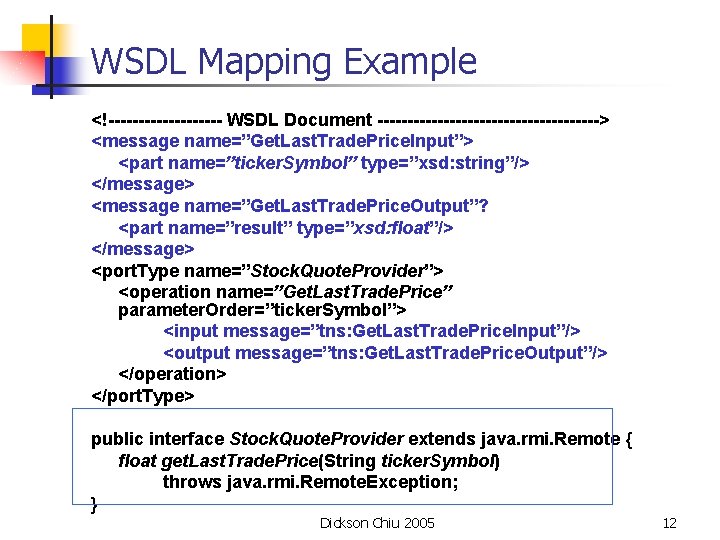 WSDL Mapping Example <!---------- WSDL Document -------------------> <message name=”Get. Last. Trade. Price. Input”> <part