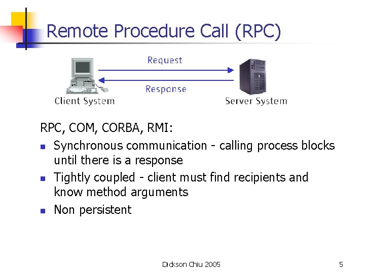 Remote Procedure Call (RPC) RPC, COM, CORBA, RMI: n Synchronous communication - calling process