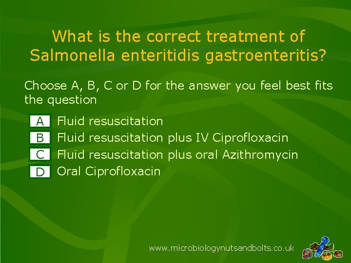 What is the correct treatment of Salmonella enteritidis gastroenteritis? Choose A, B, C or