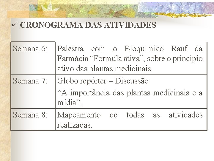 ü CRONOGRAMA DAS ATIVIDADES Semana 6: Semana 7: Semana 8: Palestra com o Bioquimico