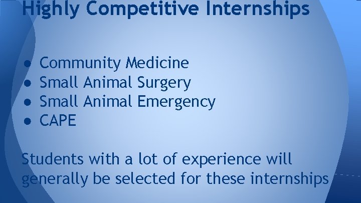 Highly Competitive Internships ● ● Community Medicine Small Animal Surgery Small Animal Emergency CAPE