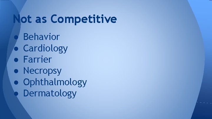 Not as Competitive ● ● ● Behavior Cardiology Farrier Necropsy Ophthalmology Dermatology 