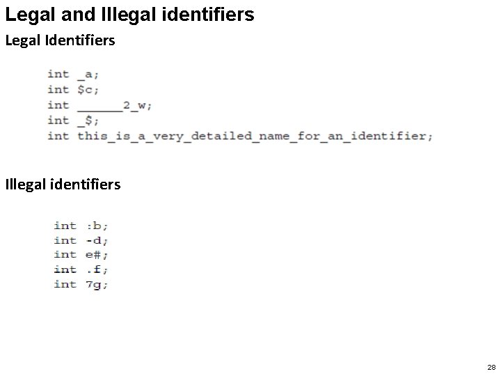 Legal and Illegal identifiers Legal Identifiers Illegal identifiers 28 