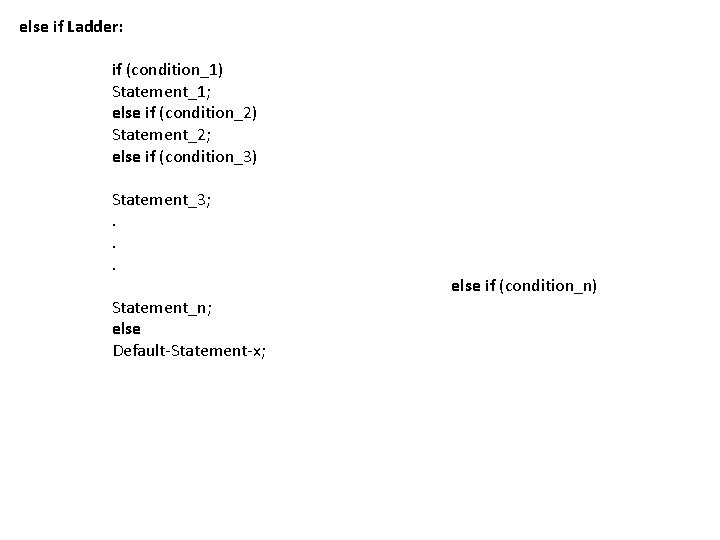 else if Ladder: if (condition_1) Statement_1; else if (condition_2) Statement_2; else if (condition_3) Statement_3;