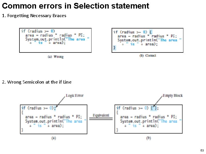 Common errors in Selection statement 1. Forgetting Necessary Braces 2. Wrong Semicolon at the